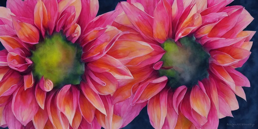 Prompt: a dahlia blossom, watercolor, artstation, realistic, moody