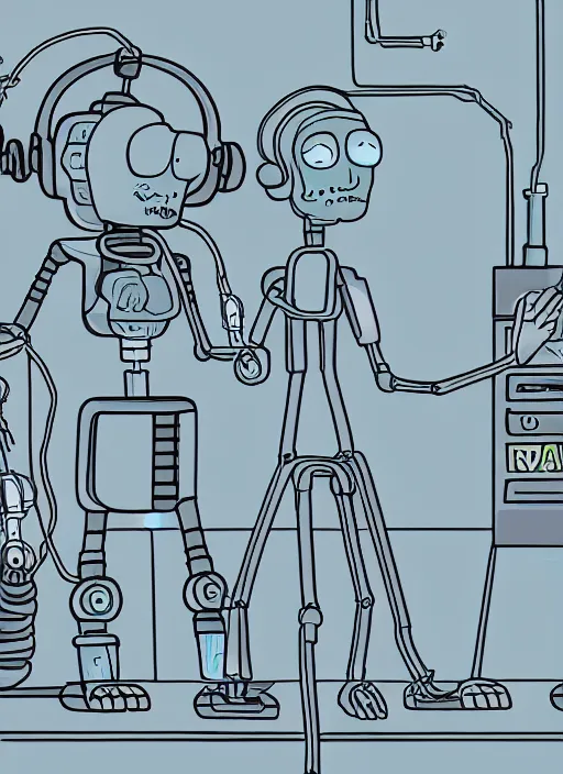 Image similar to an artificial intelligence in a robot short circuiting trying to figure how hands look, rick and morty art style illustration