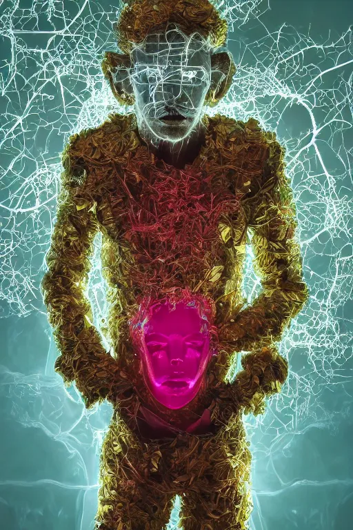 Image similar to hyper detailed ultra sharp portrait of baroque and bladerunner delicate neon ruby sculpture of seductive albino william levy gorilla green radioactive humanoid deity wearing metallic hoody made out of leaves holding the sun prismatic dungeon, glowing rainbow face, crown of white diamonds, cinematic lighting, photorealistic, octane render 8 k depth of field 3 d