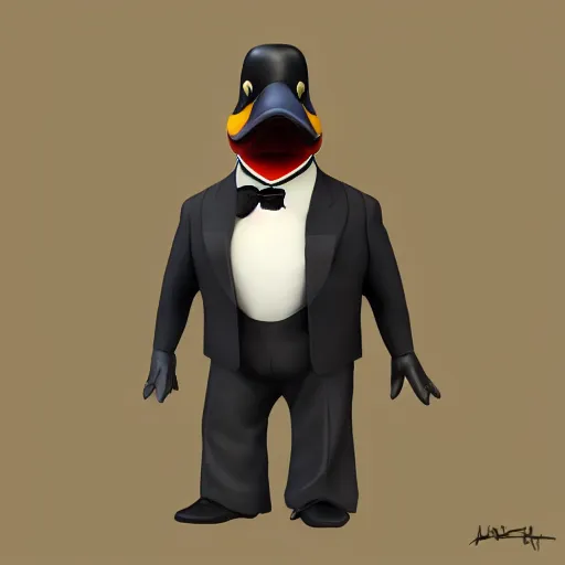 Image similar to a high detail photo of an antropomorphic duck wearing a suit, trending on artstation