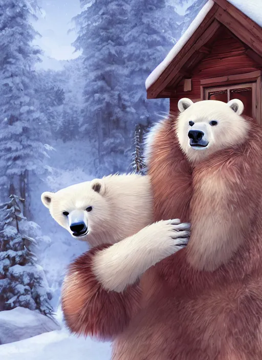 Image similar to character portrait of a female anthro polar bear fursona and a cute beautiful attractive detailed furry face wearing stylish cute winter clothes in a cozy winter cabin. hidari, color page, tankoban, 4K, tone mapping, Akihiko Yoshida.