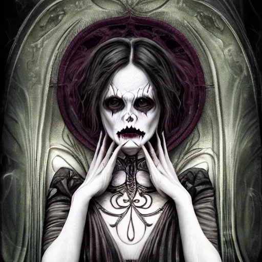 Image similar to hyperrealistic detailed scary creepy horrific beauty gothic portrait of fear in artnouveau style darksharp focus by anne stoke