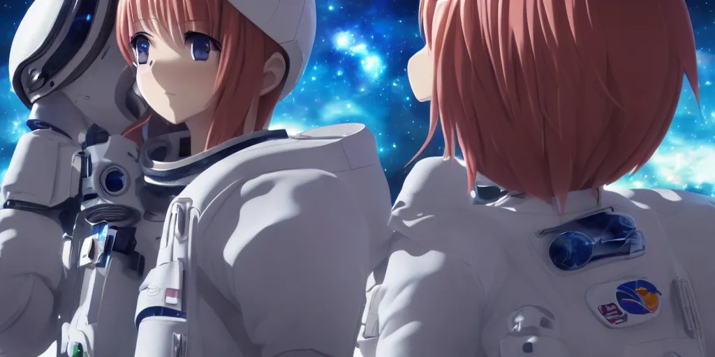 Prompt: High resolution photo of an anime girl in a spacesuit in awe at the beauty of the universe, 4k/8k, Cinematic Movie Photograph, Cinematic Lighting