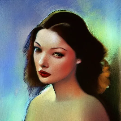 Image similar to Edgar Degas painting of a young beautiful Gene Tierney color studio publicity photo , tight face shot portrait, highly detailed, digital painting, artstation, concept art, illustration, art ,