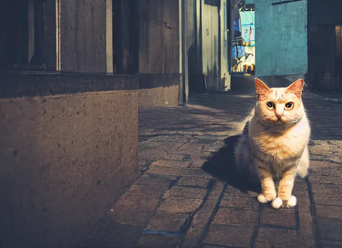 Image similar to photography of a Cat sitting on a box. in a cyberpunk street, award winning photo, colors, 100mm, sharp, high res