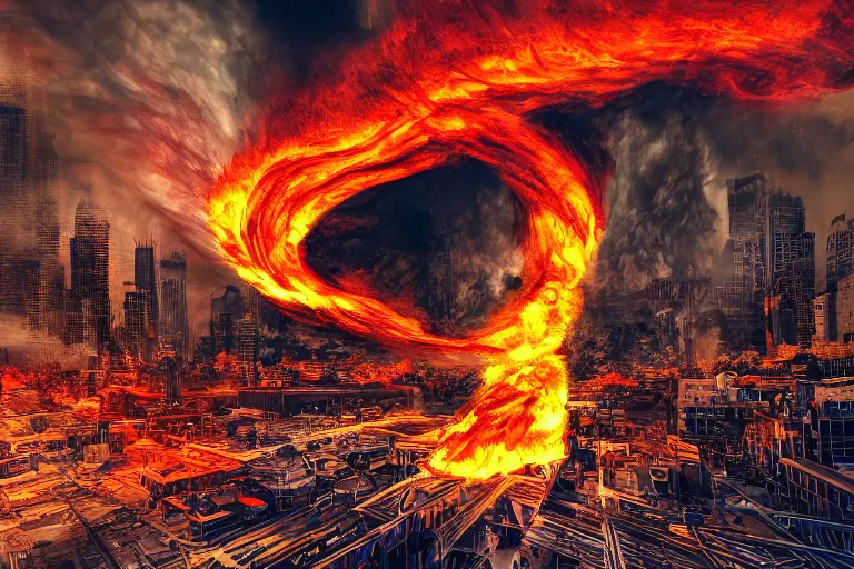 Image similar to destructive fire tornado in the city, photorealistic, highly detailed, sharp focus, vivid, colorful, symmetrical, random, convoluted, mind - blowing, creative, fully functional, end of the world, physics defying