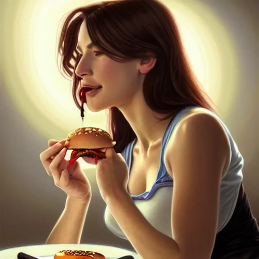 Image similar to portrait of jamie dimon eating hamburgers, extra onions and ketchup, luscious patty with sesame seeds, feminine ethereal, handsome, d & d, fantasy, intricate, elegant, highly detailed, digital painting, artstation, concept art, matte, sharp focus, illustration, art by artgerm and greg rutkowski and alphonse mucha