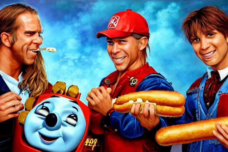 Image similar to portrait of wwf shawn michaels and thomas the tank engine sharing hotdogs, an oil painting by ross tran and thomas kincade