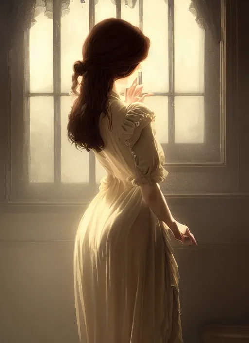 Prompt: a beautiful brown - haired young woman with an sexy old dress of the 1 9 th century in horror house, intricate, elegant, highly detailed, digital painting, artstation, concept art, smooth, sharp focus, illustration, ethereal, misty, by ilya kuvshinov and jeremy mann, 8 k, octane render