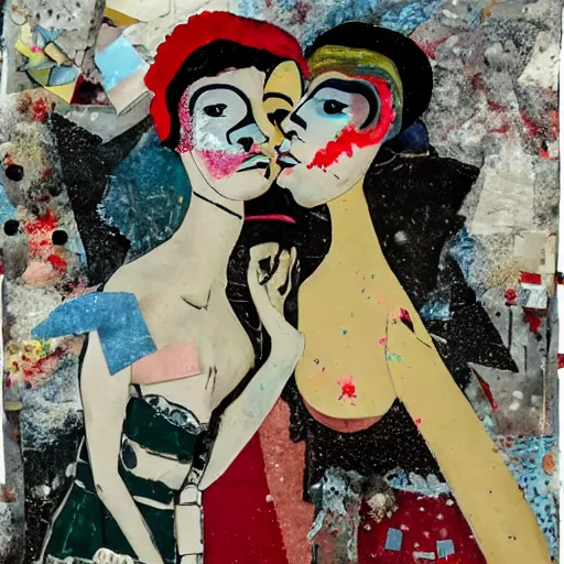 Image similar to two women kissing at a carnival in winter, mixed media collage, retro, paper collage, magazine collage, acrylic paint splatters, bauhaus, claymation, layered paper art, sapphic visual poetry expressing the utmost of desires by jackson pollock