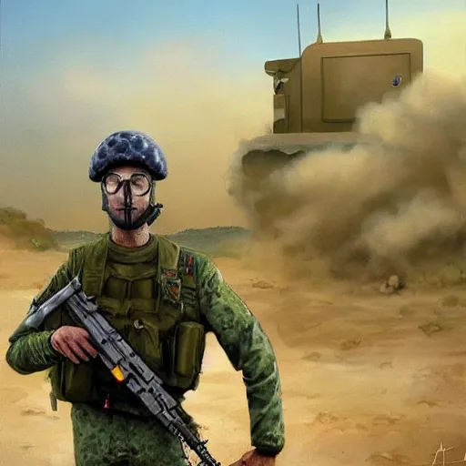 Image similar to realistic painting of spongebob as a soldier in the israeli defense force, wearing a green idf uniform, smoking a cigarette, standing in the desert, highly detailed, photorealistic, intricate, digital art, trending on artstation