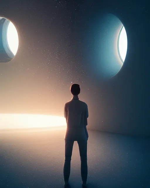 Image similar to a person standing in front of an open door, poster art by mike winkelmann, trending on cg society, space art, sci - fi, ue 5, futuristic, volumetric lighting