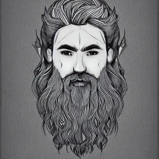 Image similar to huge male druid gray face pointy ears long beard with vines as hair hibiscus flowers detailed drawing