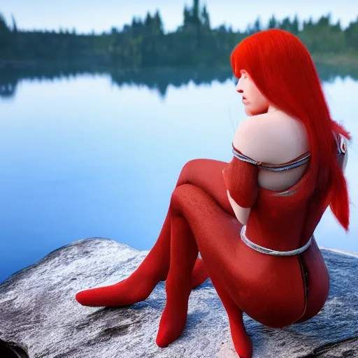 Prompt: beautiful female redhead elf warrior sitting next to a beautiful lake at dawn, enjoying the wind, looking at the water. 8k ultra realistic, award winning, unreal engine 5, masterpiece, atmosphere glow, hyperrealistic, focused, extreme details, cinematic