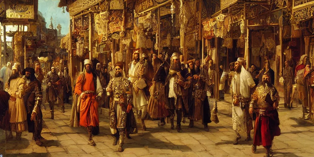 Prompt: Highly detailed and cinematic romantic period oil painting of the Persian king Cyrus the great walking through a bazaar, strong atmosphere, oil painting masterpiece by Josep Tapiró Baró, symmetry, fractals