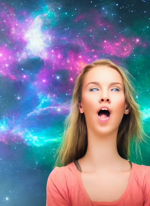 Image similar to Portrait shot of a beautiful girl with a nebula representing neurology beautifully emulating from her head