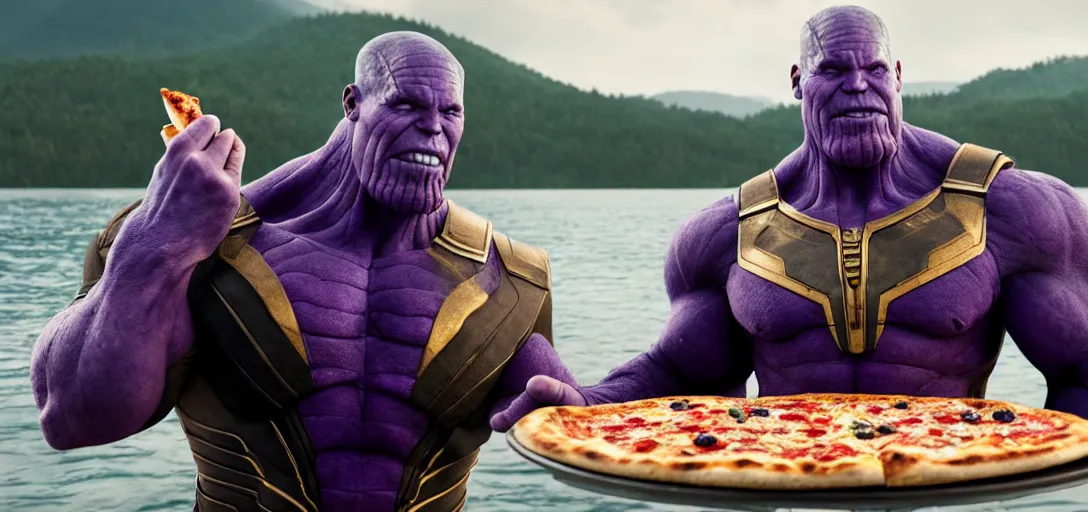 Prompt: a very high resolution image from a new movie. thanos eating pizza on a lake, photorealistic, photography, directed by wes anderson