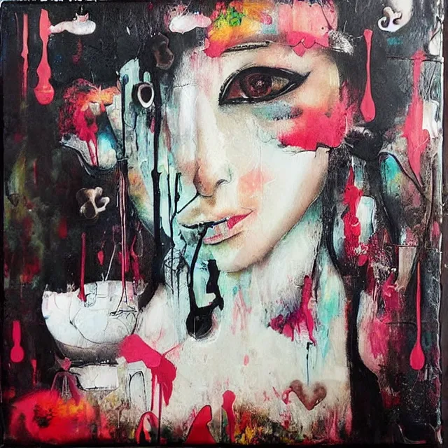 Image similar to “ a portrait in a female art student ’ s apartment, mushrooms, sensual, art supplies, a candle dripping white wax, berry juice drips, acrylic and spray paint and oilstick on canvas, surrealism, neoexpressionism ”