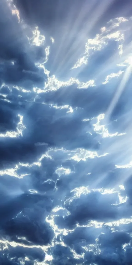 Prompt: clouds with blue rays of light coming from them, photorealistic, HD, heavenly