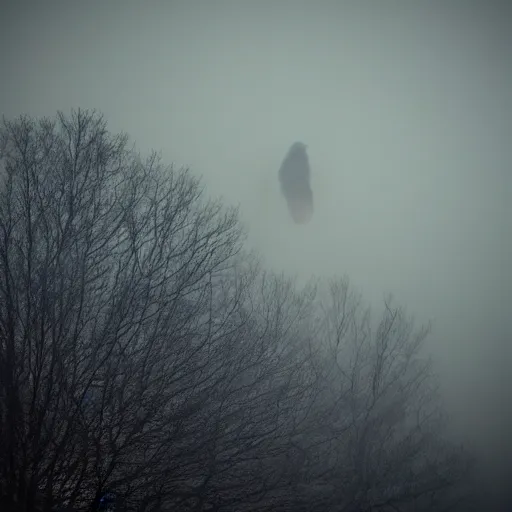 Image similar to huge owl flying at night through fog in the forest lit by the full moon fog moving through feathers