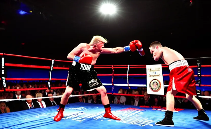 Prompt: boxing match between donald trump vs joe biden, stage lighting, award winning photo