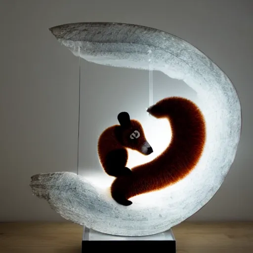 Prompt: translucent glass sculpture of a red panda lit from above, studio lighting