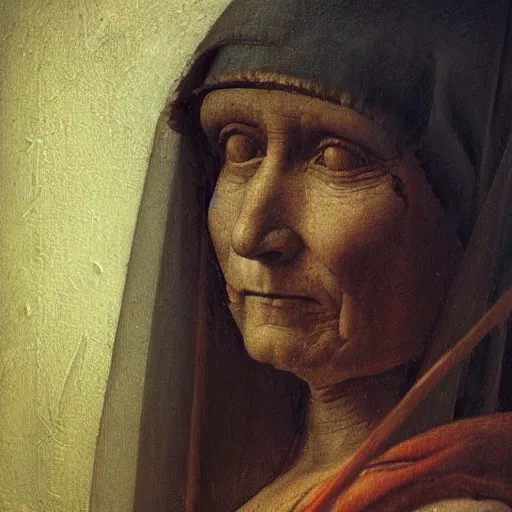 Prompt: a painting of a lantina elder woman by Leonardo da Vinci . details, smooth, sharp focus, illustration, realistic, cinematic, artstation, award winning, rgb , unreal engine, octane render, cinematic light, macro, depth of field, blur, red light and clouds from the back, highly detailed epic cinematic concept art CG render made in Maya, Blender and Photoshop, octane render, excellent composition, dynamic dramatic cinematic lighting, aesthetic, very inspirational, arthouse.