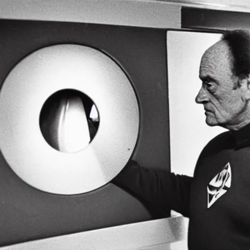 Prompt: portrait of Klingon Chancellor Gowron as he inspects a 2 inch round hole in the wall of the bathroom stall at a gas station