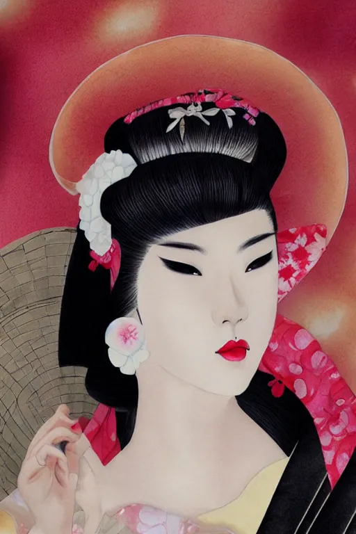 Image similar to sensual and very seductive geisha, digital art, 8k, character, realistic, portrait, photorealism, japan watercolour, masterpiece art