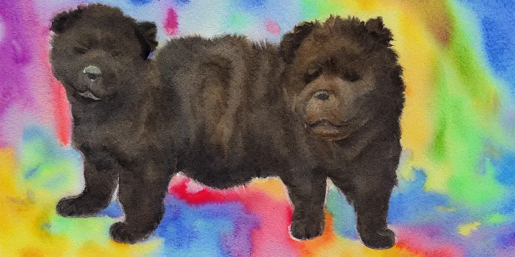 Prompt: a watercolor painting of an off - black chow chow puppy standing on a glowing rainbow bridge