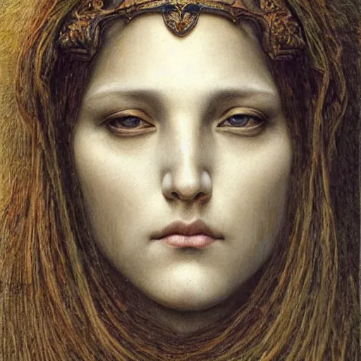 Image similar to detailed realistic beautiful young medieval queen face portrait by jean delville and marco mazzoni, art nouveau, symbolist, visionary, gothic, pre - raphaelite