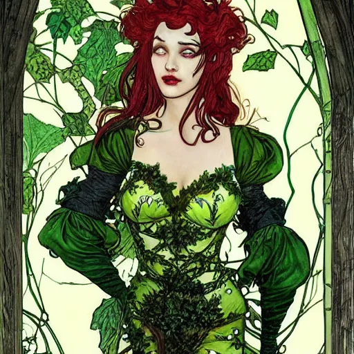 Image similar to a beautiful painting of poison ivy dressed as my new goth girlfriend, intricate, elegant, highly detailed, digital painting, artstation, concept art, matte, sharp focus, illustration, art byby rebecca guay and by arthur rackham and by alphonse mucha and by john william waterhouse, comic book style!!!!!