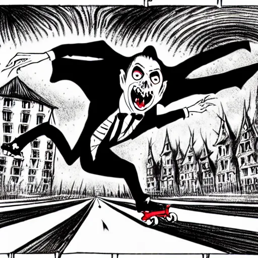 Image similar to black and white trippy comic art depiction of dracula the vampire wearing a suit and roller skating on prominently featured roller skates, zooming down the street with action lines flying past him, drawn by martin rowson, tim burton, alex pardee, nekro petros afshar, cgsociety, awesome, cool, detailed, 4 k