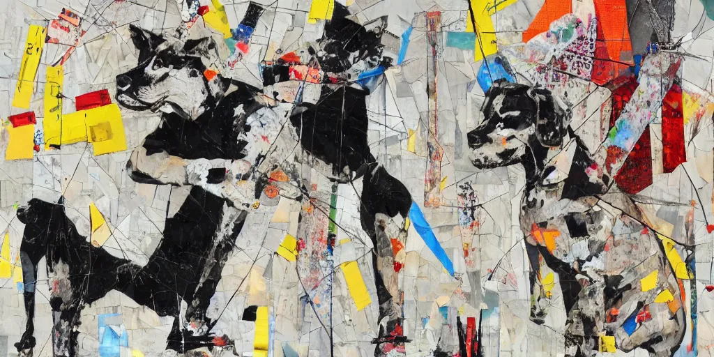 Image similar to mad dog on a chain, collage, sweeping paper and acrylic on canvas, minimalism and expressionism movement, breathtaking detailed, by natalia dumitrescu