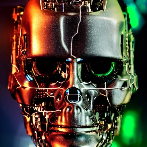 Image similar to extremely detailed portrait of a terminator's head, packed with cybernetics and and borg enhancements and has lit optic fibers inside. In a forest with bokeh. No plating.