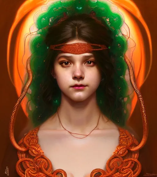 Image similar to portrait of teenage medusa, snake hair, naughty smile, wearing an embroidered orange tunic, intricate, sensual, sultry, elegant, copper and emerald jewelry, glowing lights, seductive, highly detailed, digital painting, artstation, concept art, smooth, sharp focus, illustration, art by wlop, mucha, artgerm, and greg rutkowski