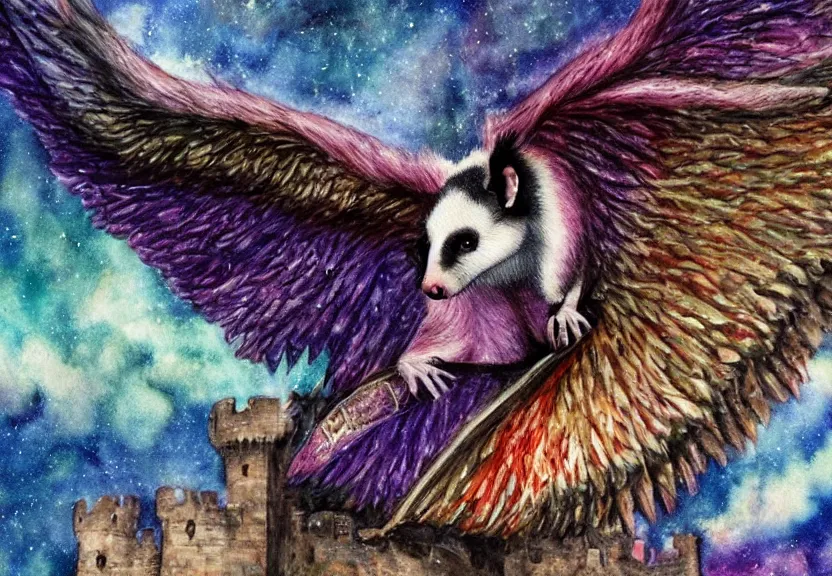 Image similar to legendary colorful winged possum flying over a medieval castle under a dark starred sky, dark fantasy, watercolor, dreaming illusion, highly detailed, 4k, trending on Artstation, award-winning