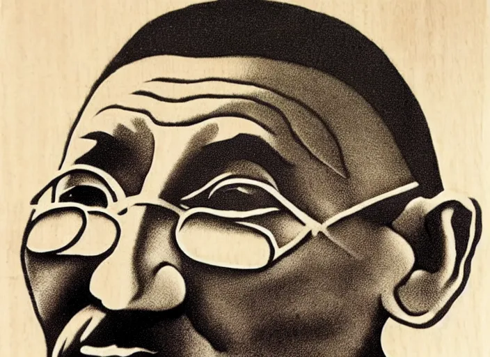 Image similar to a beautiful wood engraving on paper of gandhi