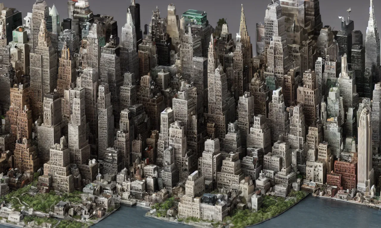 Prompt: whole new york diorama cast in epoxy, high detail, small features, from new movie by digital domain and weta digital, strong ambient occlusion