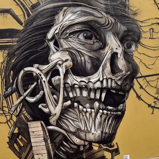 Image similar to The body art features a human figure driving a chariot. The figure is skeletal and frail, with a large head and eyes. The chariot is pulled by two animals, which are also skeletal and frail. street art by Austin Briggs, by Chris Uminga mood