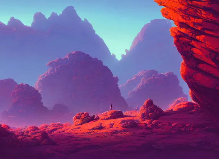 Prompt: A psychedelic stone landscape with mountains the background, vibrant color scheme, highly detailed, in the style of romanticism, cinematic, artstation, Moebius, Greg rutkowski