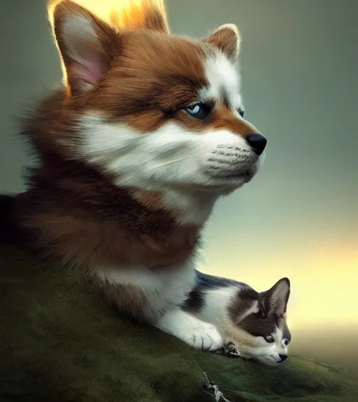 Image similar to fluffy cat riding on top of a corgi, realistic, portrait, intricate, detailed, volumetric lighting, scenery, digital painting, highly detailed, artstation, sharp focus, illustration, concept art, ruan jia, steve mccurry