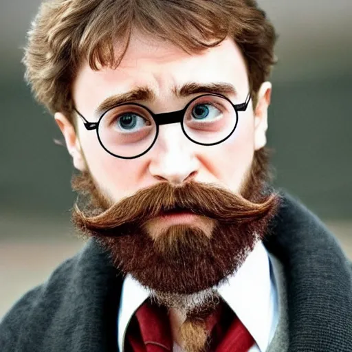 Prompt: harry potter with long beards and beautiful mustache, combing his beard