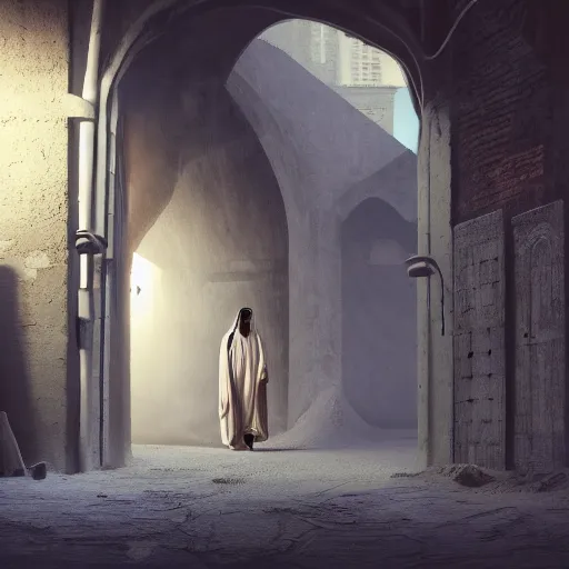 Image similar to old jeddah city alley, roshan, old shops, horse, magical glowing sand gate to another dimension, a man wearing a white robe standing watching over, dramatic lighting sci fi, by caspar david friedrich by beeple and james gilleard and justin gerard, centered, artstation, smooth, sharp focus, photoreal octane render, 3 d, by jean baptiste monge