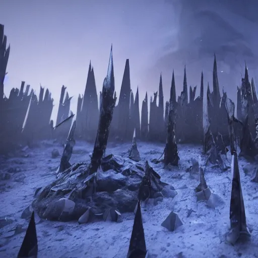 Image similar to highly detailed bloody ice spikes are errupting from the ground by magic, a group of knights in plate - armor impalent by bloody stakes, horrible death on the spot, gloomy lights in the sky, octane render, unreal engine, hyperrealistic