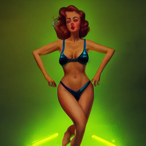 Prompt: portrait of pin up girl in a neon green bikini, visible aura of madness distorting the surroundings, occult details, greg rutkowski style, high quality, 8 k by olivia de berardinis