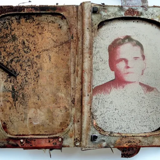 Image similar to an old case file from the archives, with suspect photograph and multiple fingerprints imprints. rusty, old, smudged, weathered