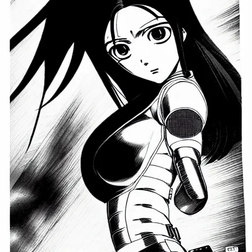 Image similar to alita by yukito kishiro. medium shot. black and white manga. pencil drawing.