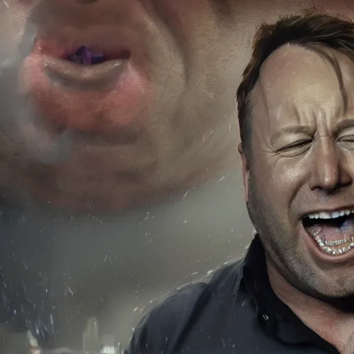 Image similar to hyperrealistic mixed media image of alex jones from info wars screaming in a public park, stunning 3 d render inspired art by istvan sandorfi and greg rutkowski, perfect facial symmetry, realistic, highly detailed attributes and atmosphere, dim volumetric cinematic lighting, 8 k octane extremely hyper - detailed render, post - processing, masterpiece,