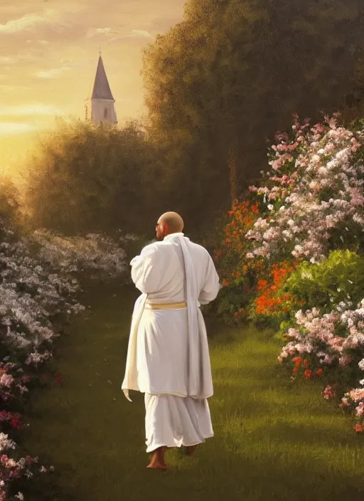 Prompt: oil painting portrait of a happy joyful rejoicing tonsured dominican monk in a white habit, striding through a flourishing garden at sunset with a monastery in the background, hazy, digital art, chiaroscuro, artstation, cinematic, golden hour, digital art painting by greg rutkowski, hazy atmosphere, flowers, cinematic lighting